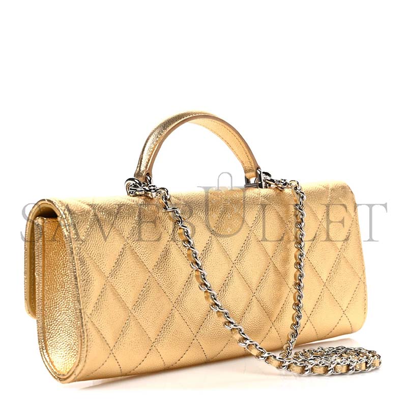 CHANEL MASTER METALLIC CAVIAR QUILTED TOP HANDLE LONG CLUTCH WITH CHAIN GOLD AP5280 (25*8*5cm)